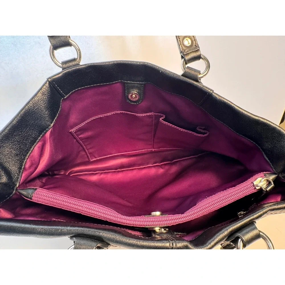 Coach Ashley soft black pebble‎ leather with 3 compartments purple fabric